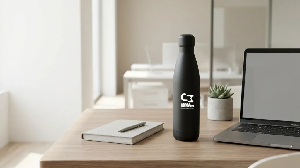 Brindes corporativos em ambiente de trabalho moderno